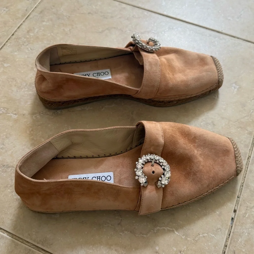 JIMMY CHOO Dru Crystal Embellished Suede Espadrilles Beige Sz 38 EU/8 US